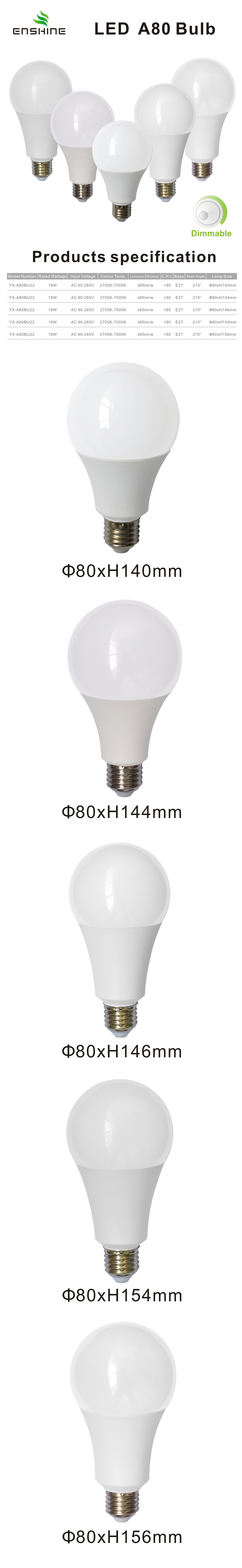 18W A80 dimmable led bulbs YX-A80BU22