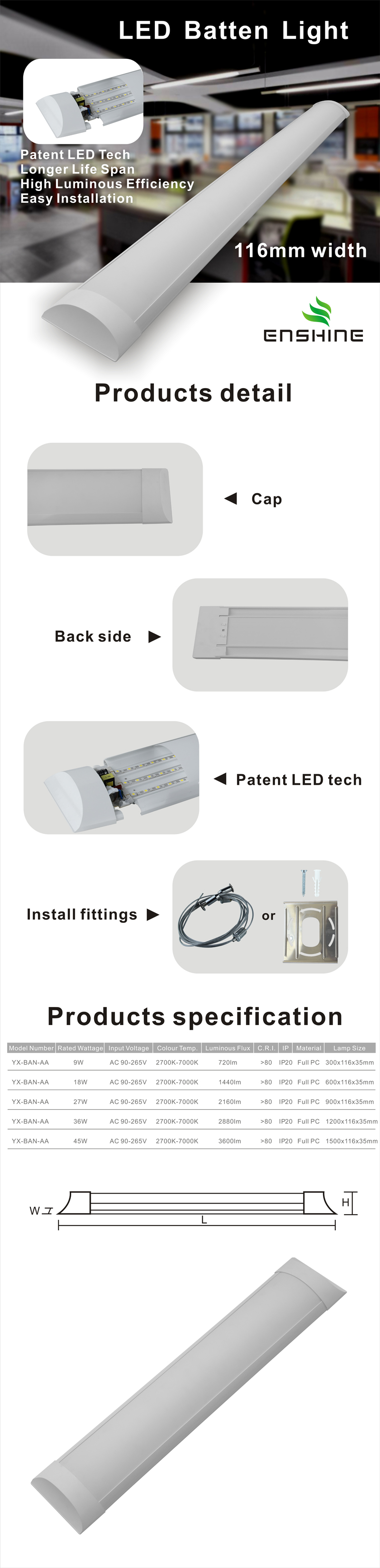 LED Batten Light Full PC 116mm Width 9-45W YX-BAN-AA